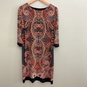 Sandra Darren Paisley Dress Womens 10 Brown Stretch 3/4 Sleeve Knee Length Boho